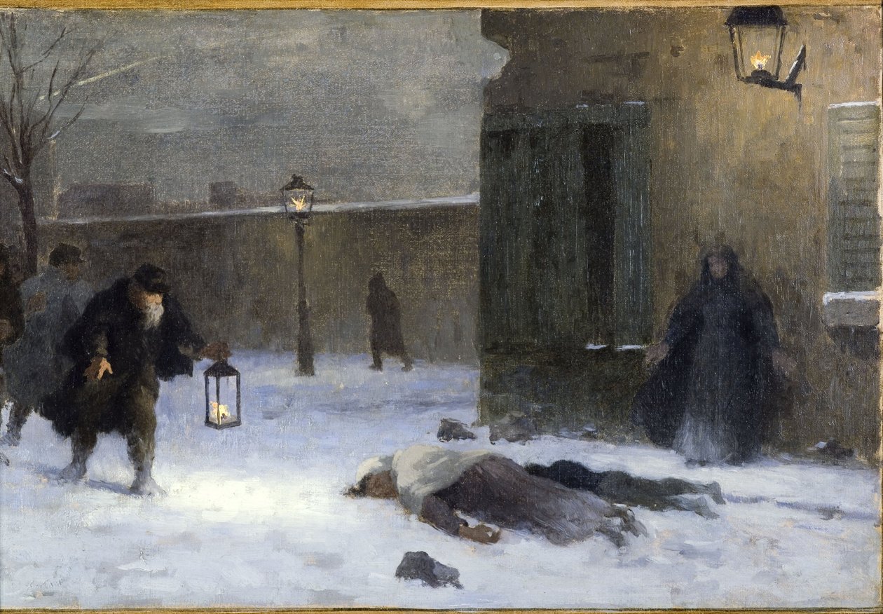 Hôtel de Villen prefektin toimiston luonnos: Haavoittuneiden etsintä Pariisin piirityksen aikana vuonna 1870. tekijältä Paul Albert Baudouin