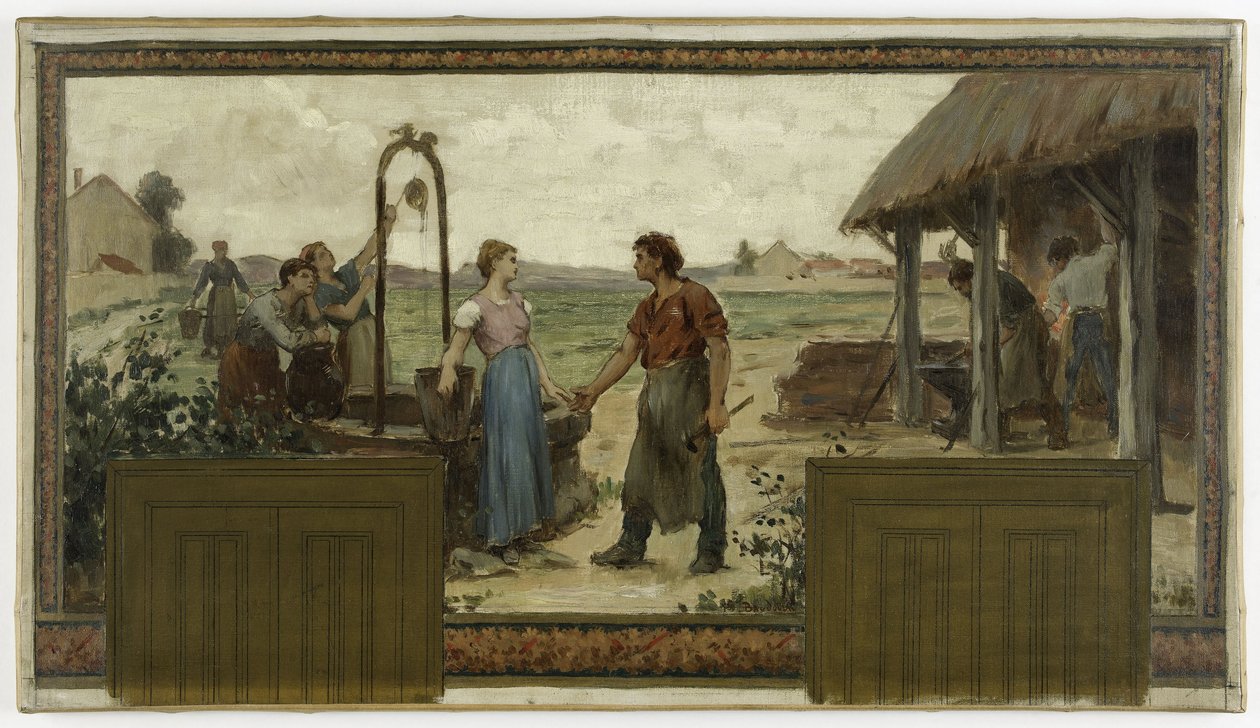 Saint-Maur-des-Fossésin kaupungintalon luonnos: Les fiançailles, 1883 (öljy kankaalle). tekijältä Paul Albert Baudouin