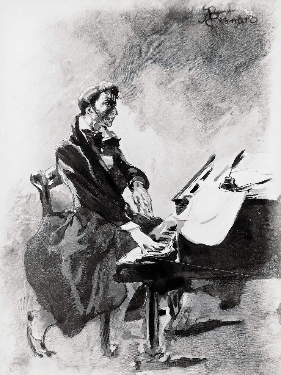 Säveltäjä ja pianisti Frederic Chopin soittaa pianoa, Albert Besnard (1849-1934), akvarelli tekijältä Paul Albert Besnard
