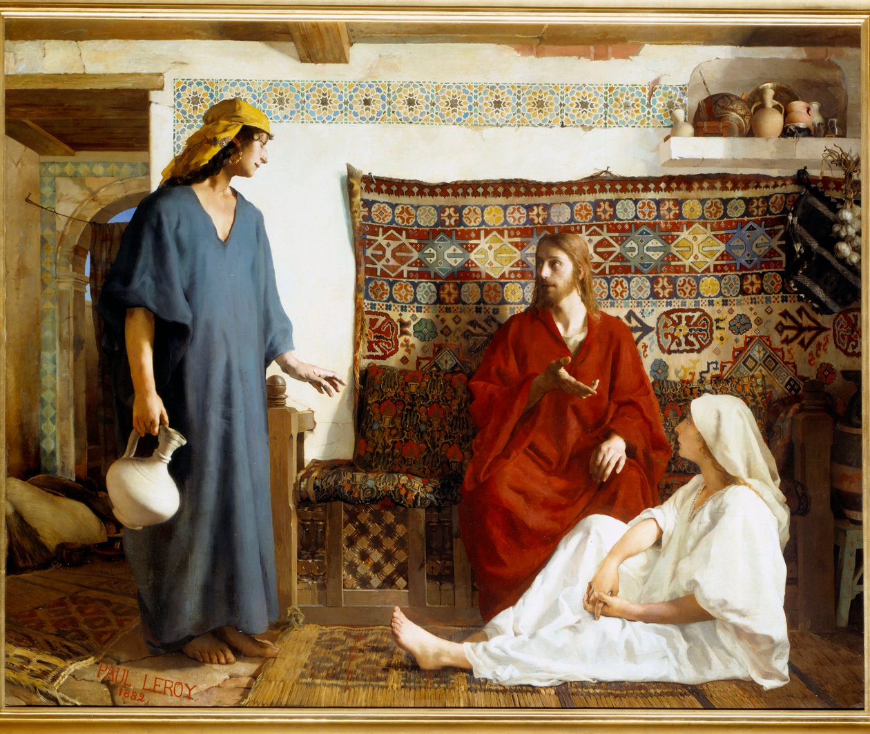 Jeesus Martessa ja Mariassa - Sainte Marthe, Jeesuksen Kristuksen opetuslapsi ja hänen sisarensa Marie de Bethanie - Paul Alexandre Leroyn maalaus (1860-1942) tekijältä Paul Alexander Alfred Leroy