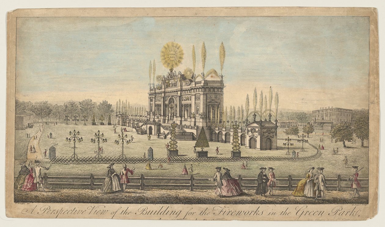 Perspektiivinäkymä ilotulitusrakennuksesta Green Parkissa Lontoossa, n. 1749. tekijältä Paul Angier