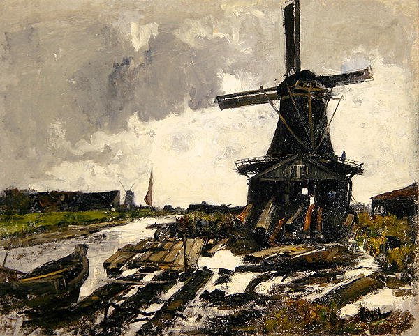 Holland, Kanavamaisema, jossa on puusahatuulimylly, noin 1885 (öljy kankaalle). tekijältä Paul Baum