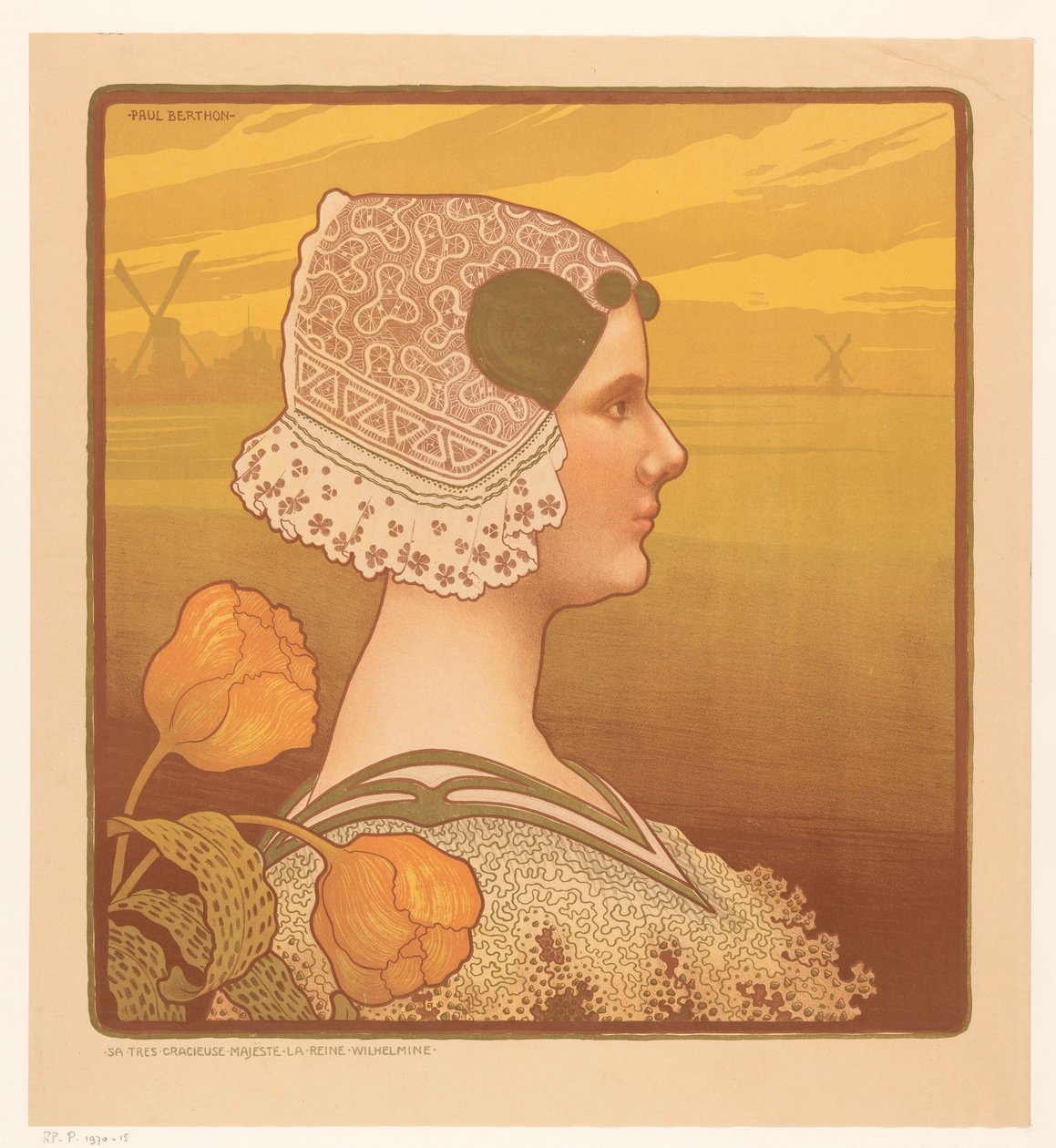 Kuningatar Wilhelminan muotokuva perinteisissä puvuissa Sa très graceful majeste la reine Wilhelmine (otsikko esineessä) tekijältä Paul Berthon