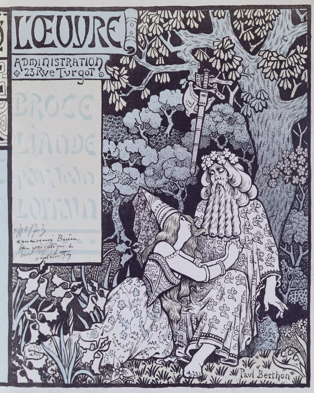 Lumoaja Merlin ja keiju Vivien Brocelianden metsässä, Jean Lorrainin (1855-1906) näytelmästä Broceliande n. 1900 (puupiirros) tekijältä Paul Berthon