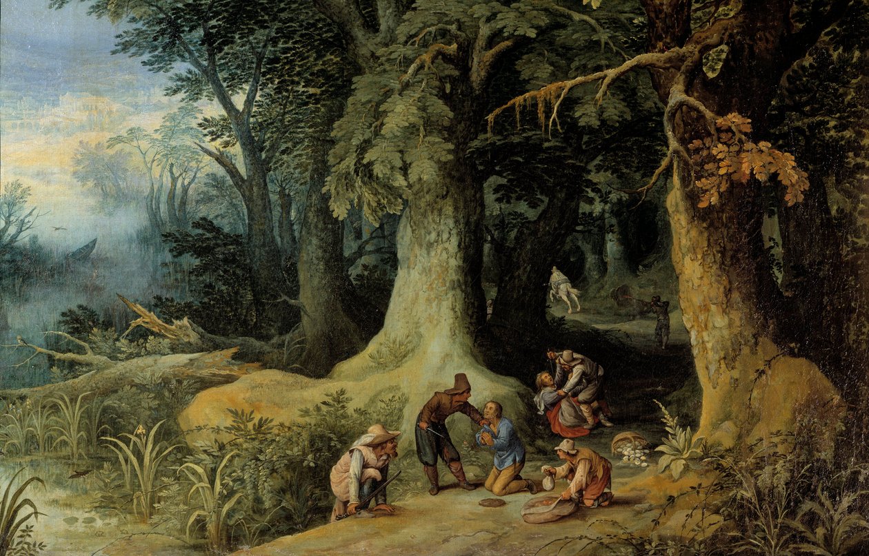 Asehyökkäys metsään Ryhmä valtatierosvoja. Paul Brilin (Brill) maalaus (1554-1626) tekijältä Paul Bril