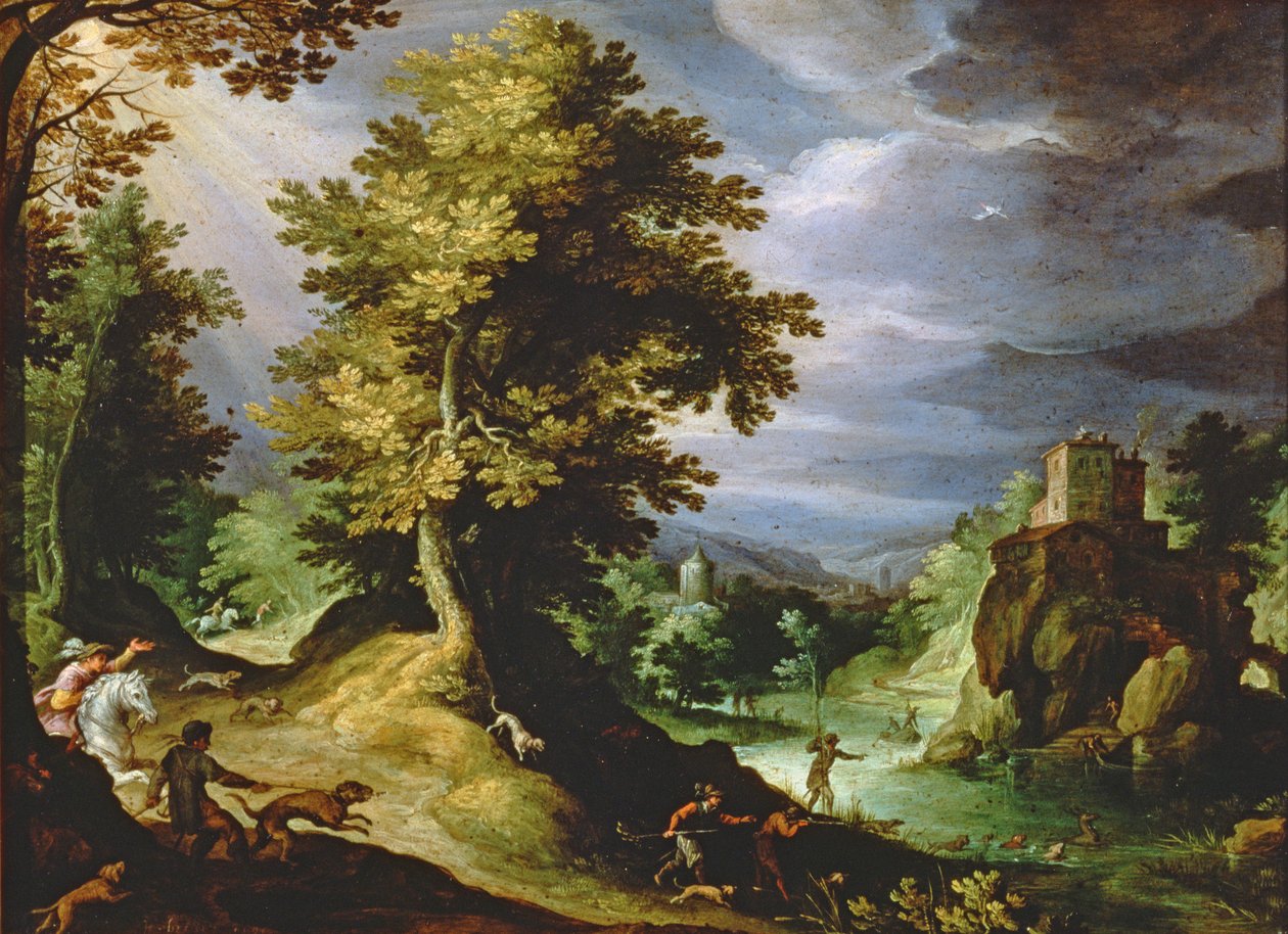 Maisema peuranmetsästyksen kanssa, 1591 tekijältä Paul Bril