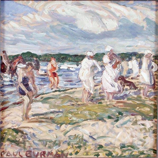 Uimarit Pelgurannan rannalla (öljy vanerille) tekijältä Paul Burman