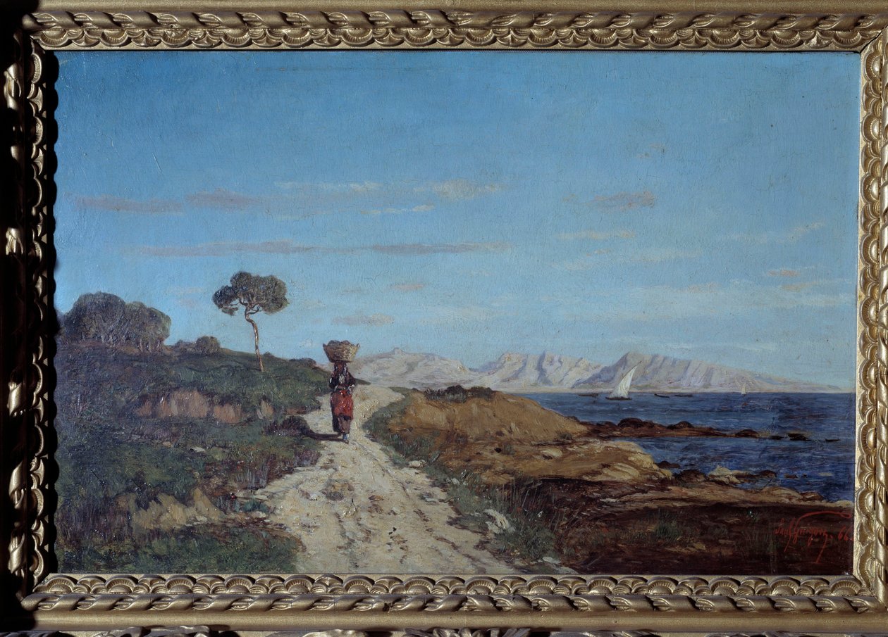 Marseillen ympäristössä vuonna 1866: merimaisema, jossa nainen kantaa koria päässään ja kävelee tiellä. Paul Camille Guigoun (1834-1871) maalaus. 1866. Utelias. Perigordin museo tekijältä Paul Camille Guigou