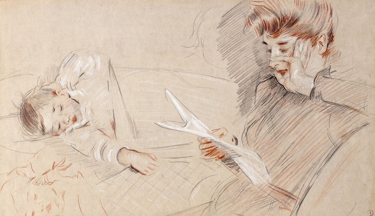 Madame Helleu Reading, Paulette makaa hänen vieressään sohvalla, tekijältä Paul Cesar Helleu