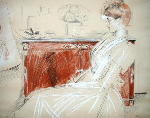 Madame Helleu salongissaan, n. 1900 (kynä ja liitu paperille) tekijältä Paul Cesar Helleu