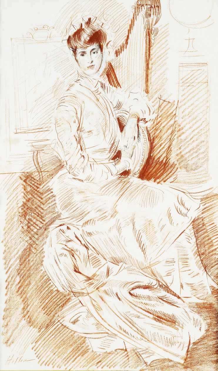 Madame Helleu istuu harpun ääressä, tekijältä Paul Cesar Helleu
