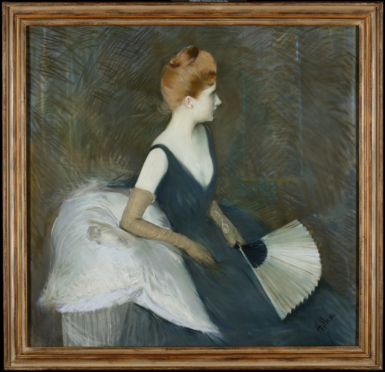 Madame Marthe Letellier istuu sohvalla, pitelee tuuletinta, n. 1895 (pastelli kankaalle) tekijältä Paul Cesar Helleu