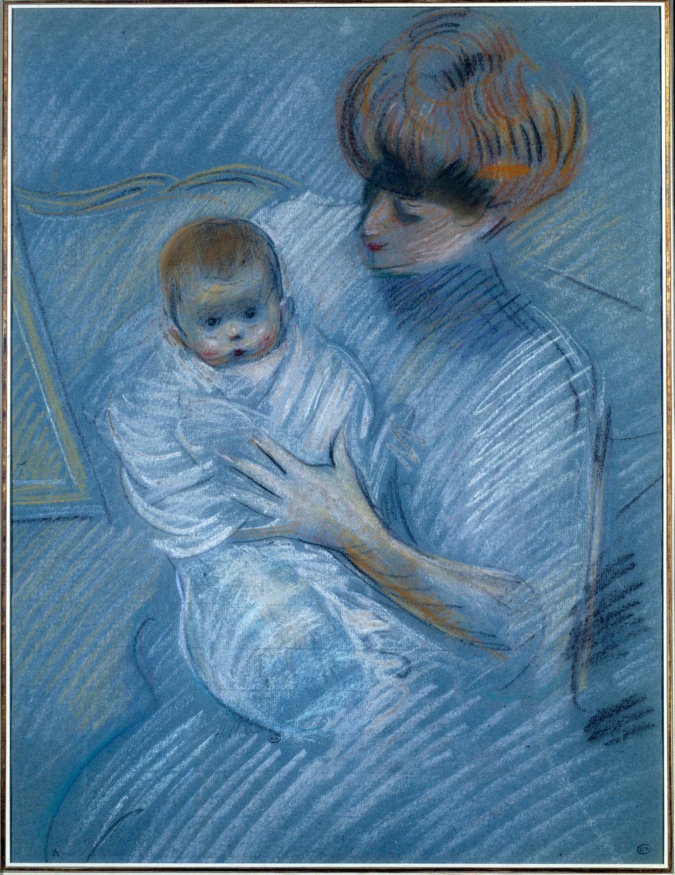 Äitiys. Piirustus Paul Helleu (1859-1927), 1900-luku. Muotokuva äidistä lapsensa kanssa. Bayonne, Musee Bonnat tekijältä Paul Cesar Helleu
