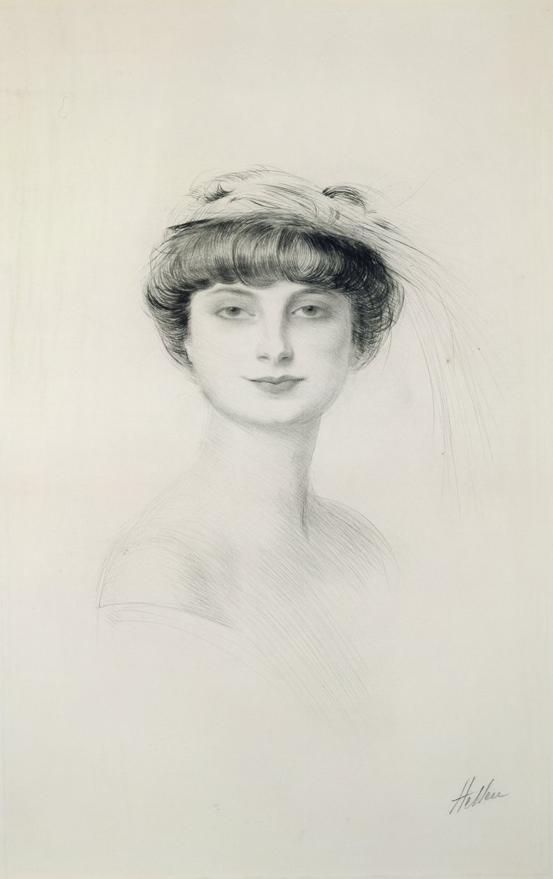 Anna de Noaillesin (1876-1933) muotokuva (kuivakärki paperille) tekijältä Paul Cesar Helleu