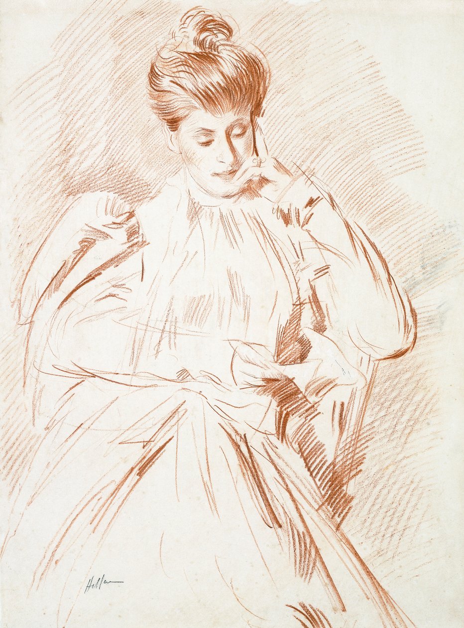 Madame Helleun muotokuva lukemassa, tekijältä Paul Cesar Helleu