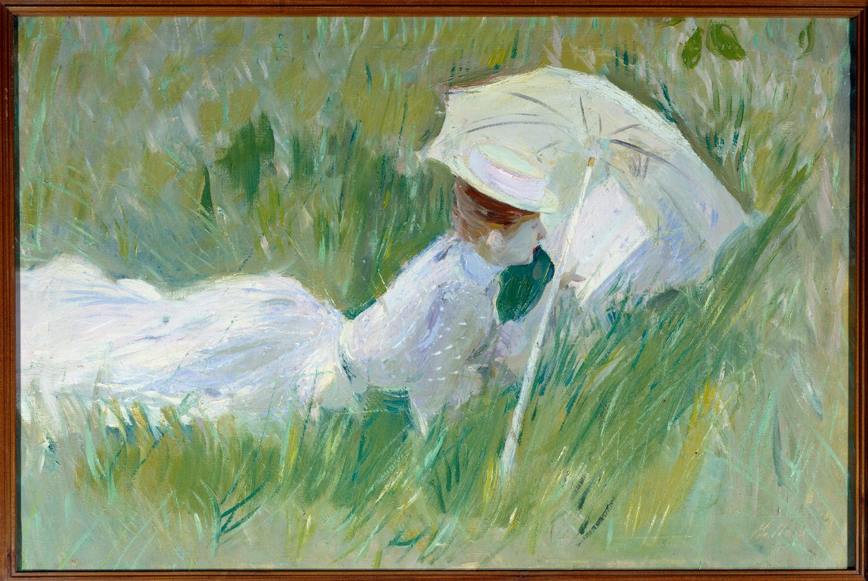 Taiteilijan vaimon Madame Helleun muotokuva ruohossa Paul Cesar Helleun (1859-1927) maalaus ennen vuotta 1927, öljy kankaalle, Dim. 0,54x0,81 m Rouen, musee des Beaux Arts - Taidemaalarin vaimon Madame Helleun muotokuva, joka makaa nurmikolla. Maalaus b tekijältä Paul Cesar Helleu