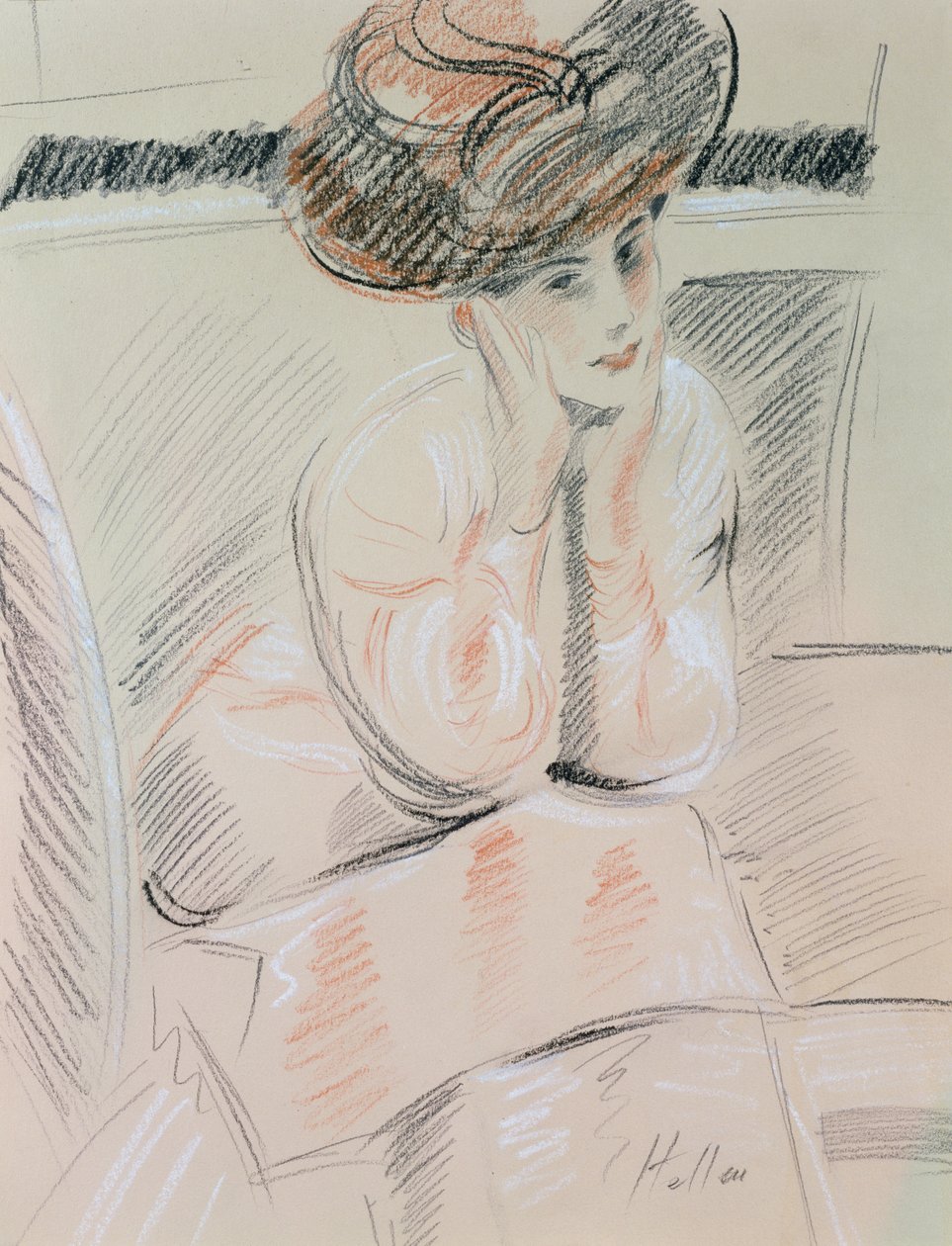 Naisen muotokuva (musta, valkoinen ja punainen liitu kiillotuspaperille) tekijältä Paul Cesar Helleu