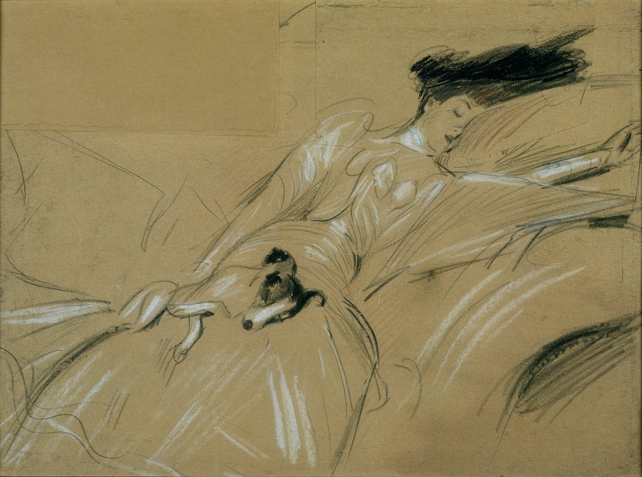 Marlboroughin herttuatar torkkuilee Blenheimin palatsissa (pastelli paperille) tekijältä Paul Cesar Helleu