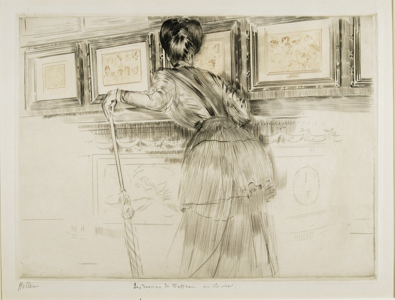 Nainen katsomassa Watteau-piirroksia Louvressa, n. 1895 tekijältä Paul Cesar Helleu