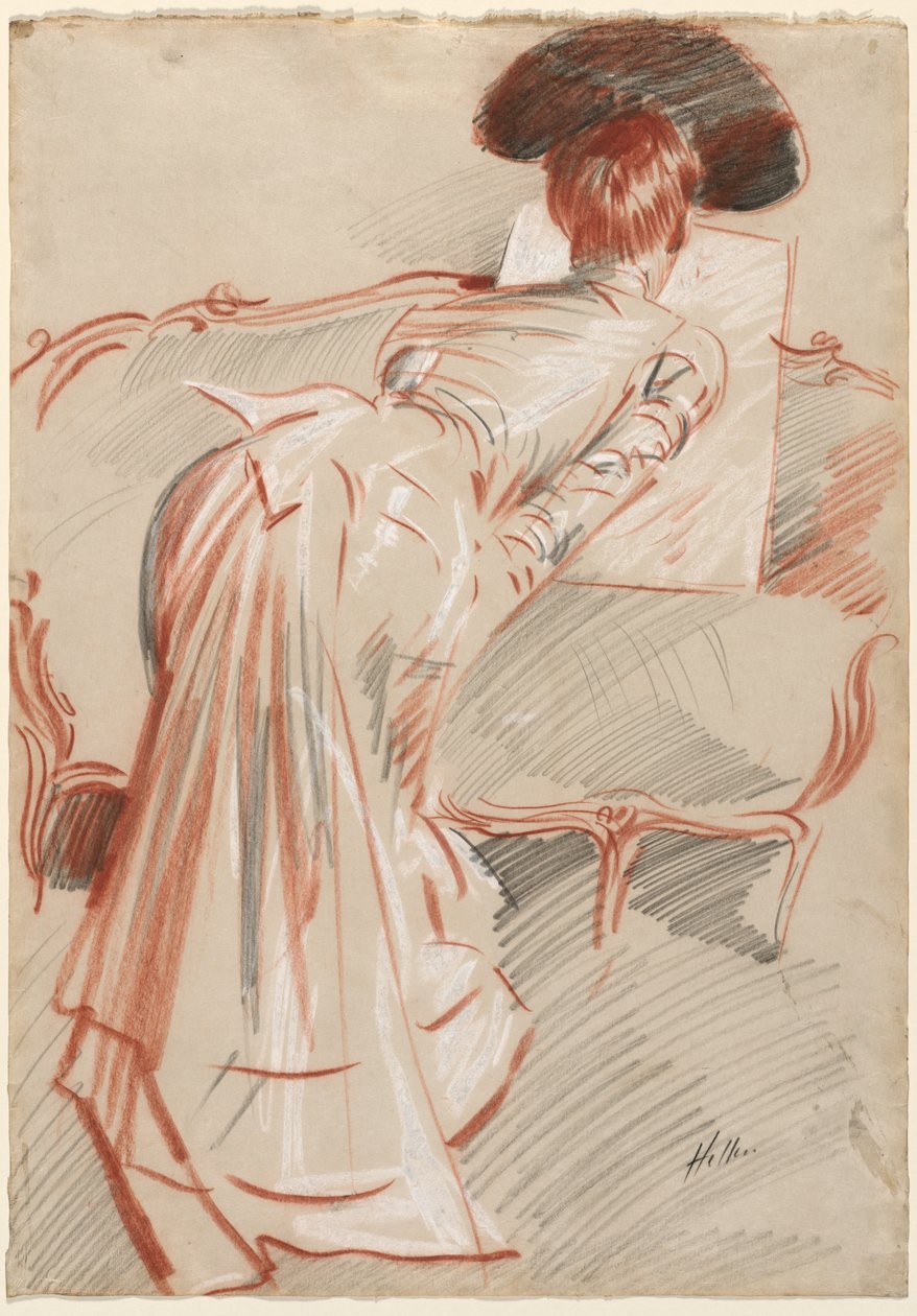 Nainen mahdollisesti Madame Alice Hellu katsomassa piirustusta, c. 1895. tekijältä Paul Cesar Helleu