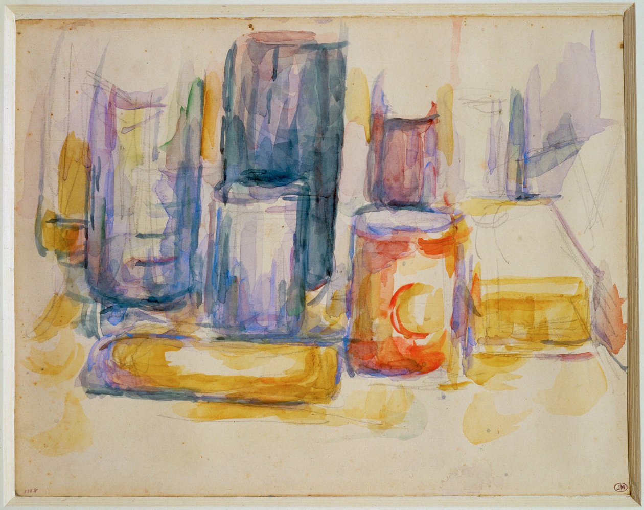 Keittiön pöytä, kattiloita ja pulloja (maalaus) tekijältä Paul Cézanne