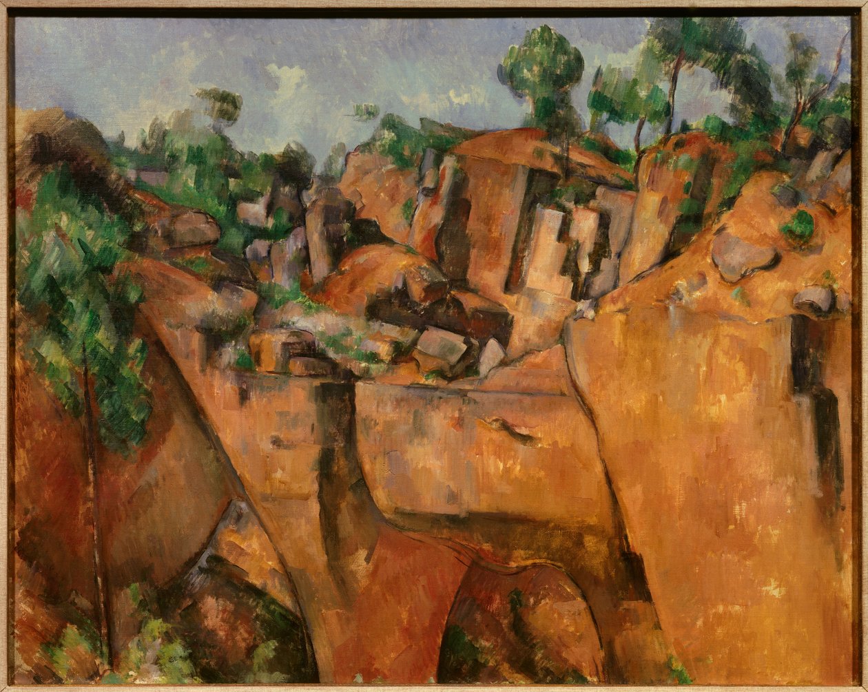 Bibemus-louhos Bibemuksen kivien kantajat Aix en Provencen ja Montagne Sainte Victoiren välillä. Paul Cezannen (1839-1906) maalaus 1895 Essen. Folkwang-museo - Bibemus-louhos. Bibemuksen kivilouhos Aix en Provencen ja Sainte Victoiren välillä tekijältä Paul Cézanne