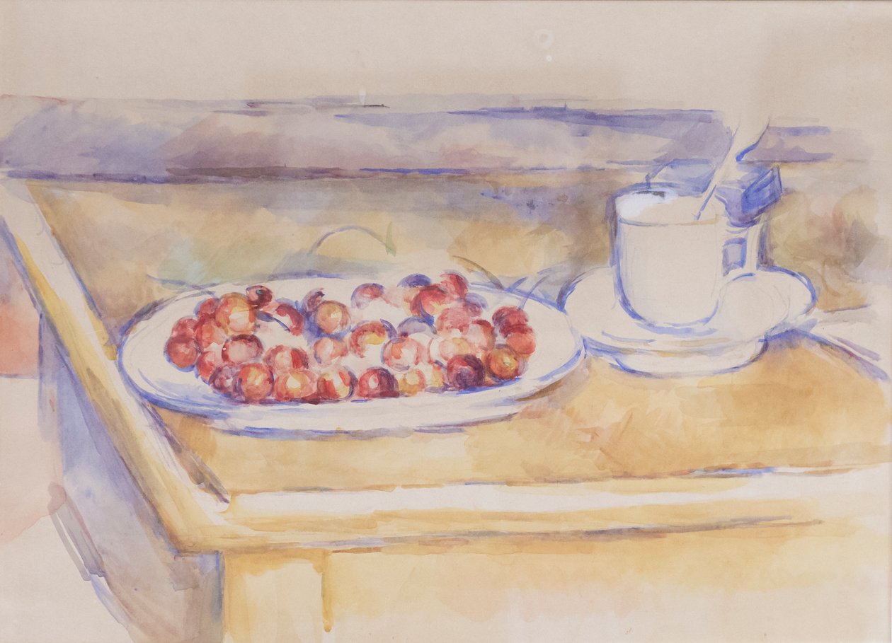 Kuppi ja astia kirsikoita, n. 1890 (kynä ja akvarelli paperilla) tekijältä Paul Cézanne