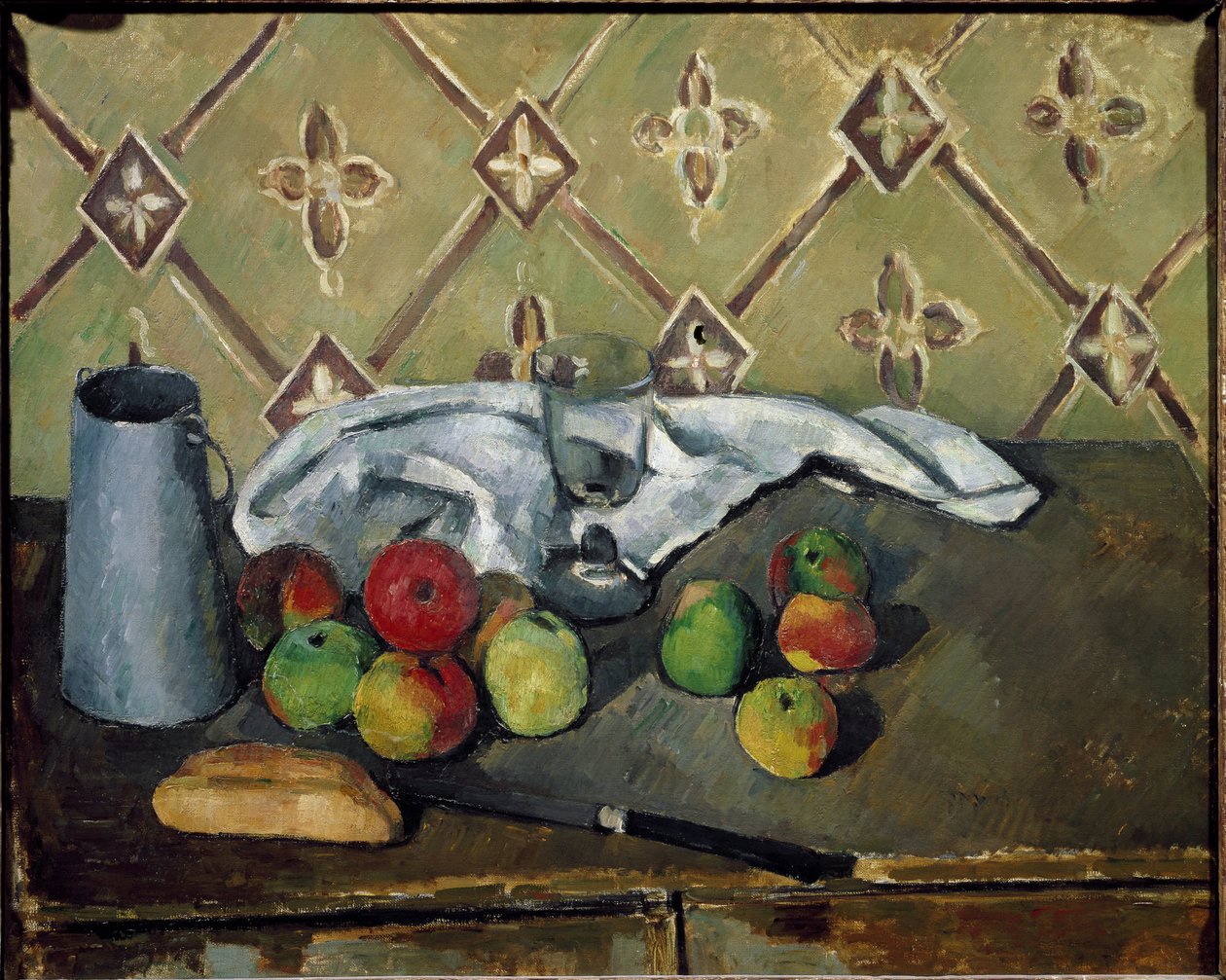 Hedelmät, lautasliina ja maitolaatikko - Öljy kankaalle tekijältä Paul Cézanne