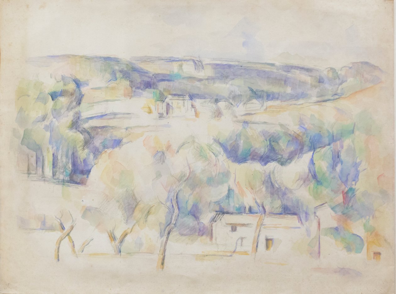 Talo ja lehto, n. 1890 (kynä ja akvarelli paperilla) tekijältä Paul Cézanne