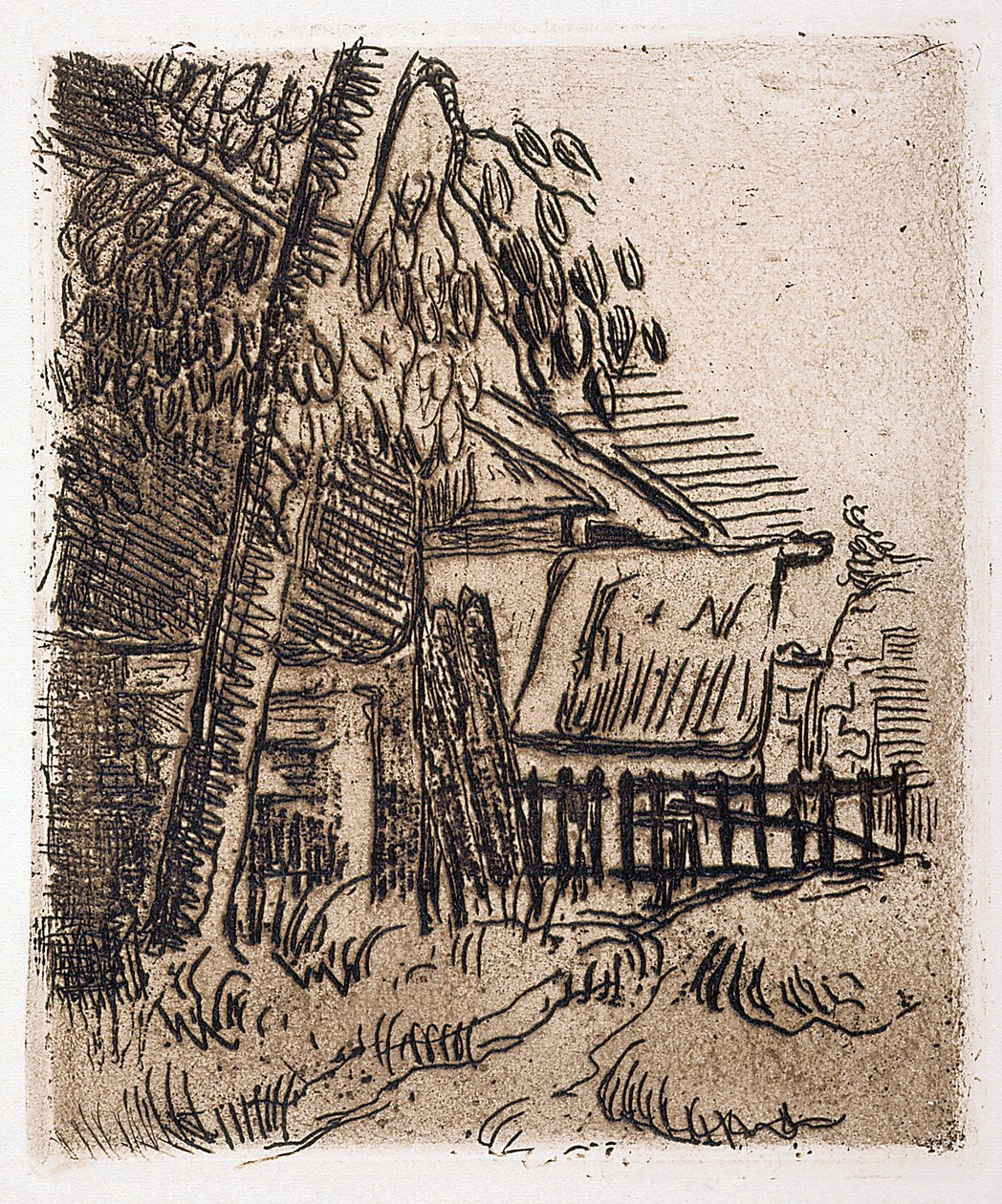 Maisema Auversissa, maatilan sisäänkäynti Rue St. Remyllä (etsaus) tekijältä Paul Cézanne