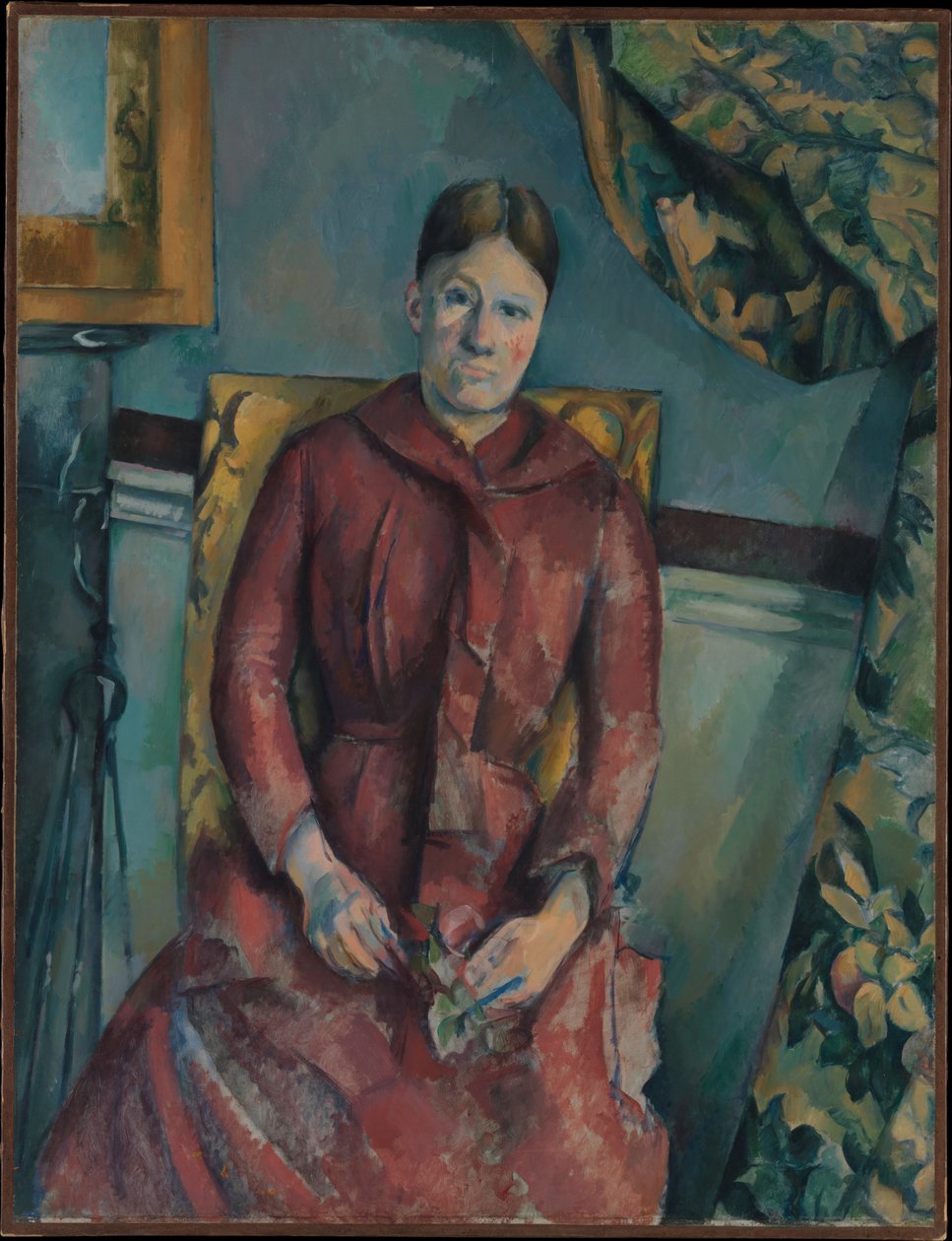 Madame Cézanne (Hortense Fiquet, 1850-1922) punaisessa mekossa tekijältä Paul Cézanne