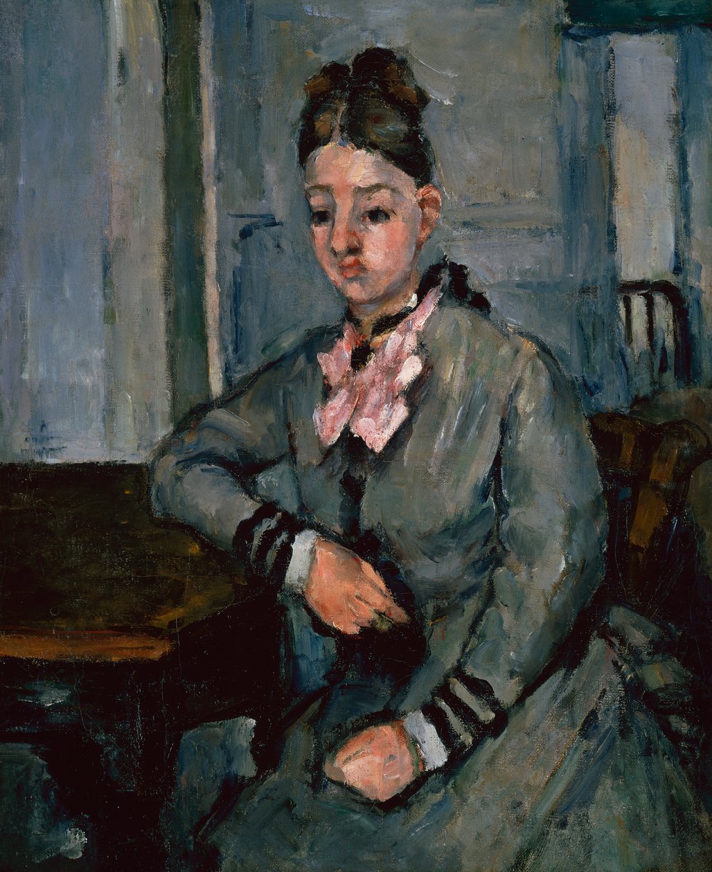 Madame Cezanne nojaa pöydälle, n. 1873 (öljy kankaalle) tekijältä Paul Cézanne