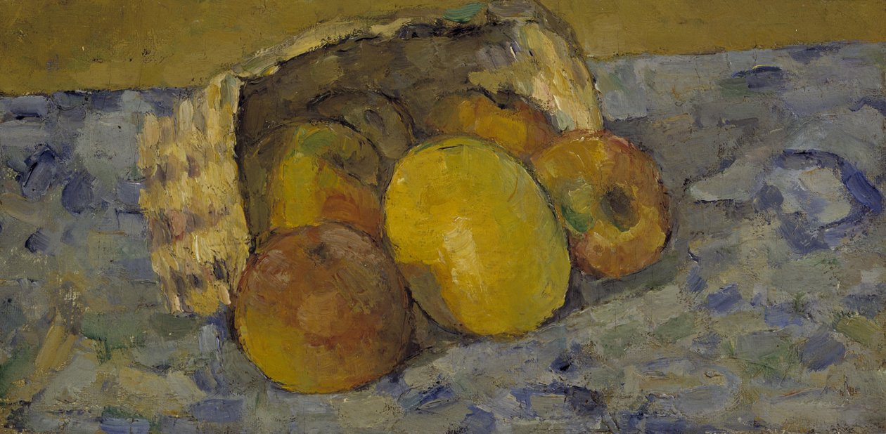 Käännetty hedelmäkori, n. 1877 (öljy kankaalle) tekijältä Paul Cézanne