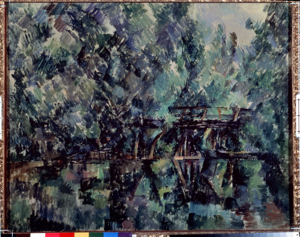Silta lammen yli. Paul Cezannen (1839-1906) maalaus, noin 1898. Öljy kankaalle. Koko: 64 x 79 cm. Impressionismi. Pushkin-museo, Moskova tekijältä Paul Cézanne