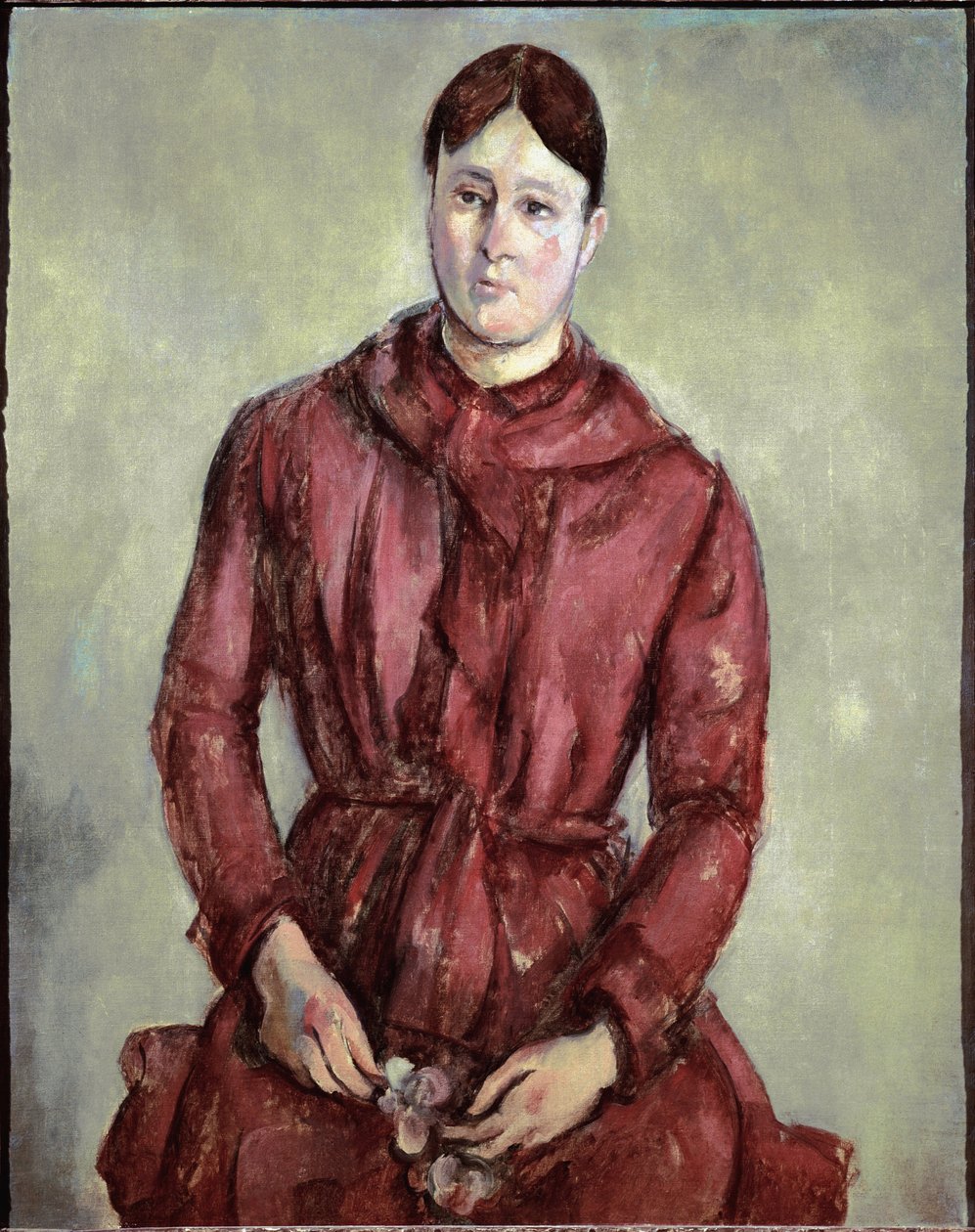 Madame Cezannen muotokuva punaisessa mekossa (öljy kankaalle, n. 1890) tekijältä Paul Cézanne