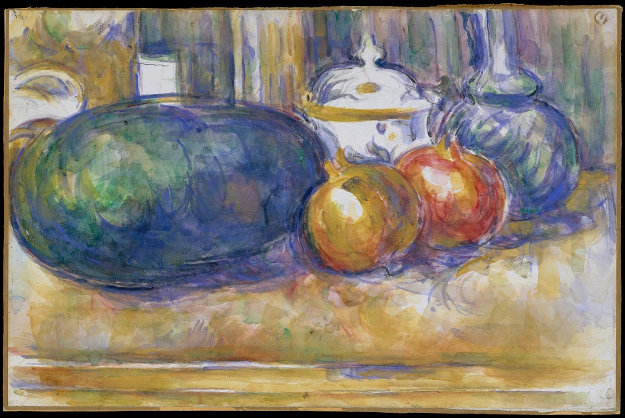 Asetelma vesimelonin ja granaattiomenoiden kanssa 1900-06 (w/c grafiitin päällä paperille) tekijältä Paul Cézanne