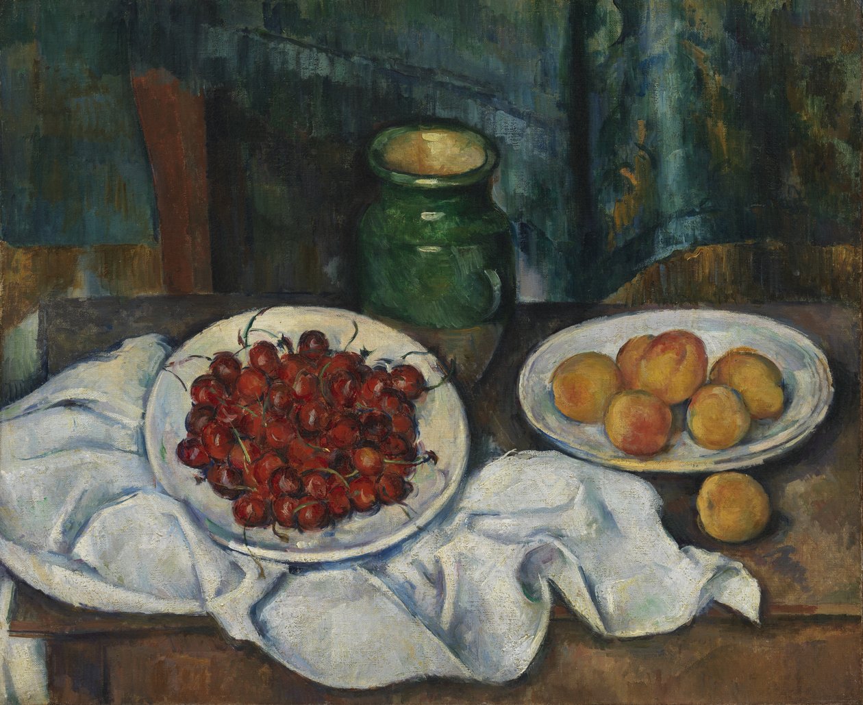 Asetelma, jossa on kirsikoita ja persikoita tekijältä Paul Cézanne