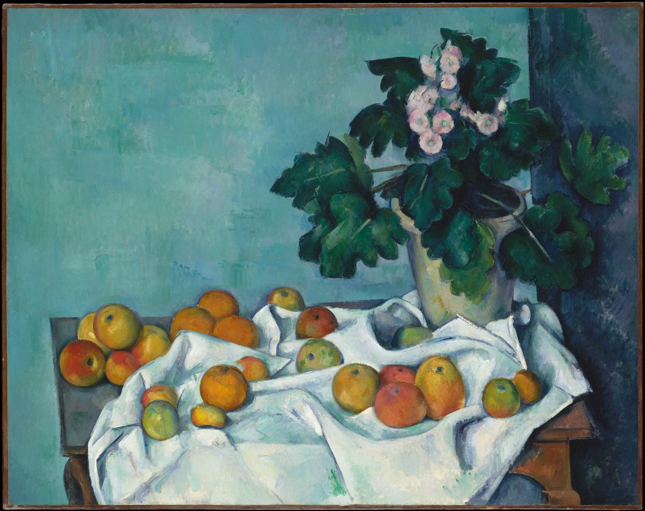 Asetelma, jossa on omenoita ja ruukullinen esikoita tekijältä Paul Cézanne