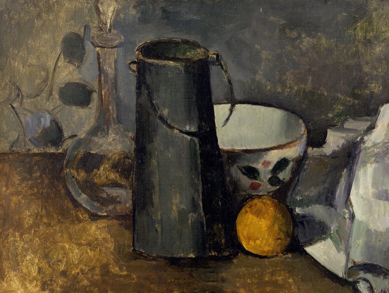 Asetelma karahvin, maitopurkin, kulhon ja appelsiinin kanssa tekijältä Paul Cézanne