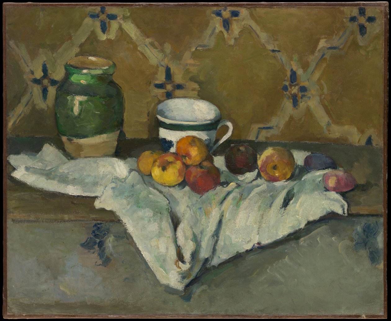 Asetelma, jossa on ruukku, kuppi ja omenoita tekijältä Paul Cézanne