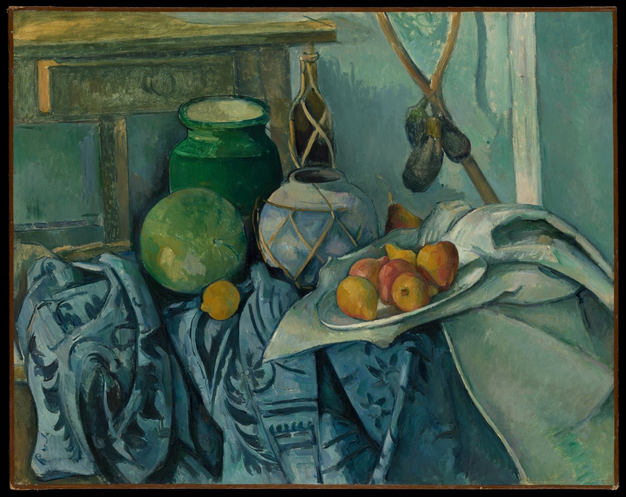 Asetelma, inkivääriruukku ja munakoisoja tekijältä Paul Cézanne