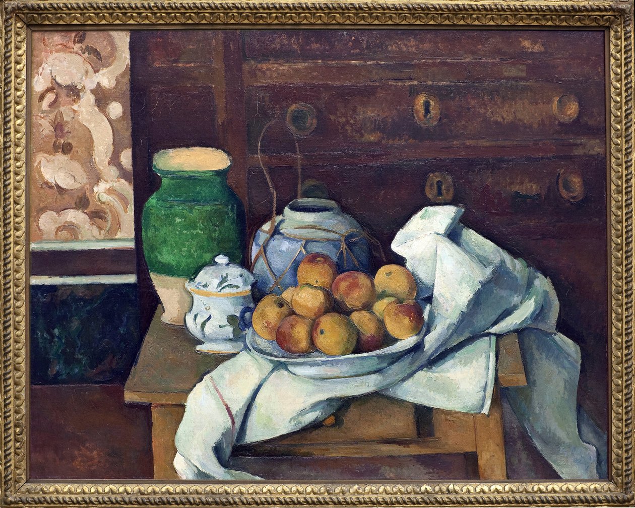 Asetelma sisältää lipaston. Paul Cezannen (1839-1906) maalaus, öljy kankaalle noin 1885. Ranskalainen taide tekijältä Paul Cézanne