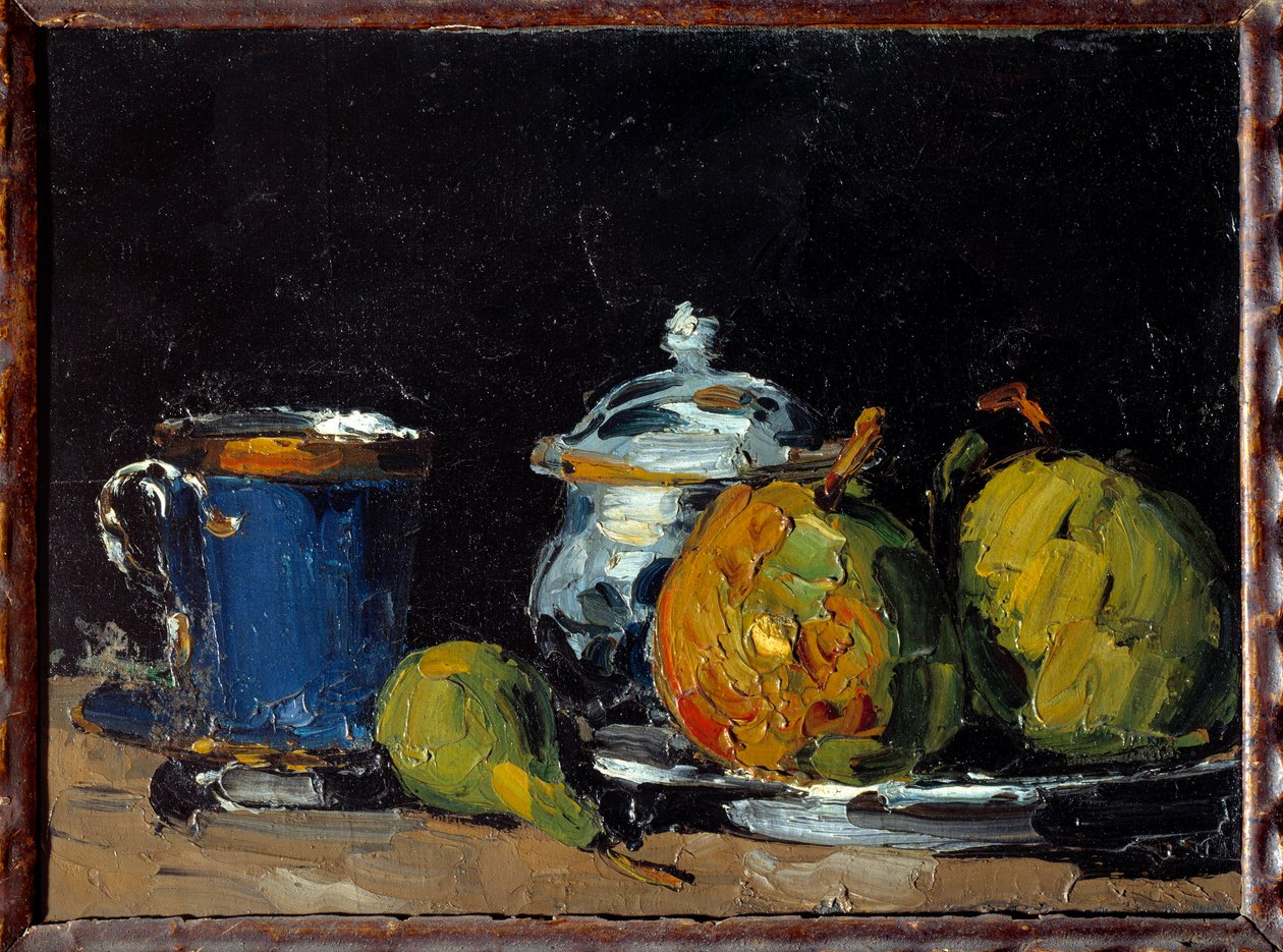 Sokerikulho, sininen kuppi ja päärynät Paul Cezannen (1839-1906) maalaus 1866 Aix En Provence. Granet museo tekijältä Paul Cézanne