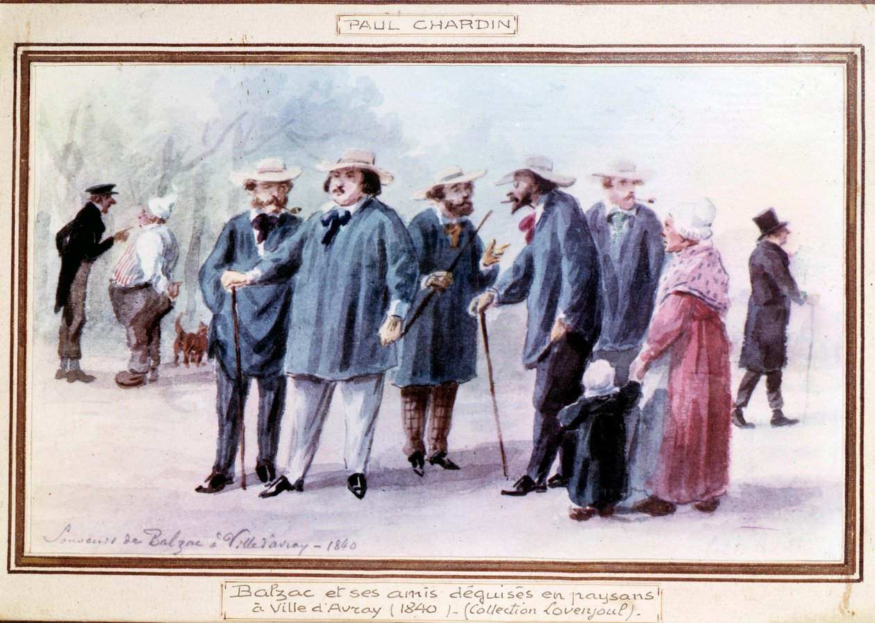 Ranskalainen kirjailija Honore de Balzac (1799-1850) ja hänen ystävänsä naamioituvat talonpoikaisiksi Avrayn kaupungissa vuonna 1840. Paul Chardinin (1833-?) muiston mukaan maalaama akvarelli tekijältä Paul Chardin