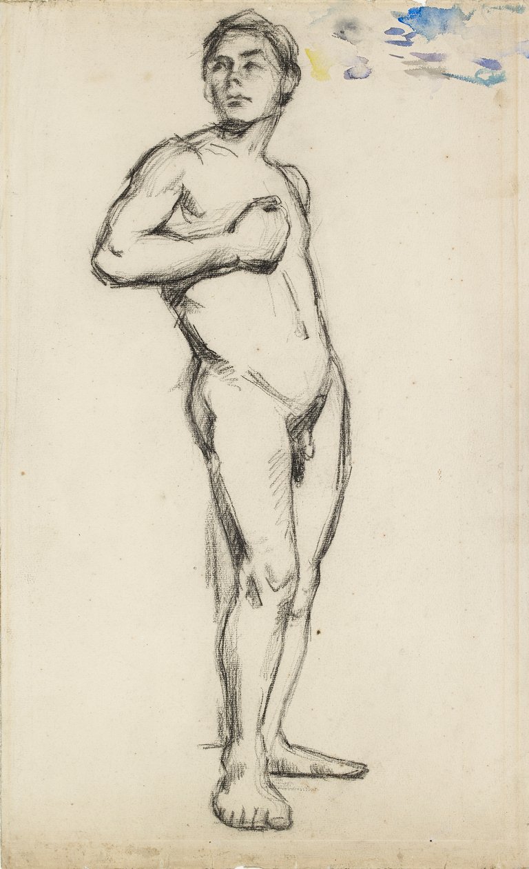Akateeminen tutkimus miesalastomasta, jonka oikea käsi on puristettuna rinnalleen, 1865 tekijältä Paul Cézanne