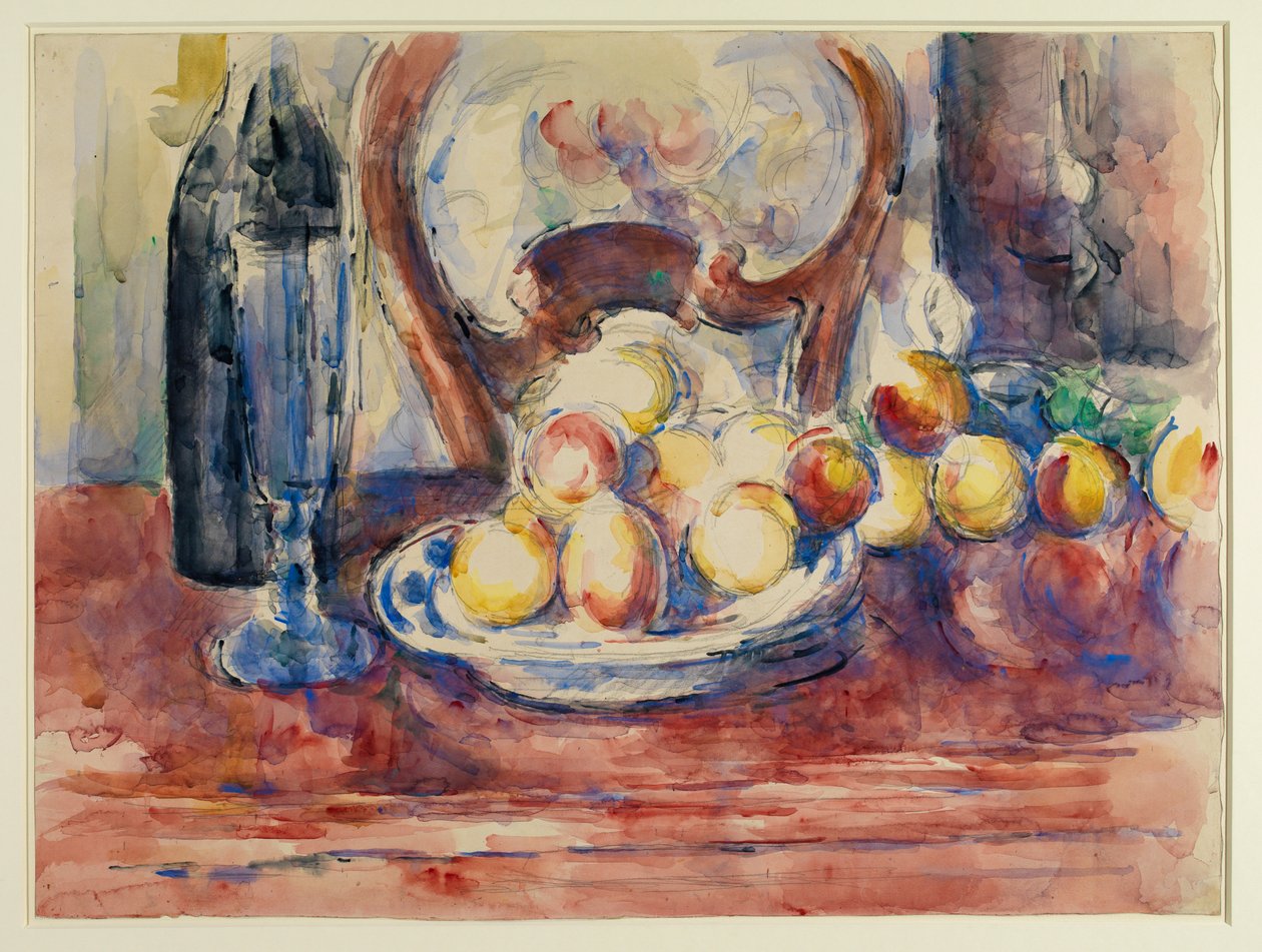 Omenat, pullo ja tuolin selkänoja, n. 1904-06 (grafiitti ja akvarelli kudottupaperille) tekijältä Paul Cézanne