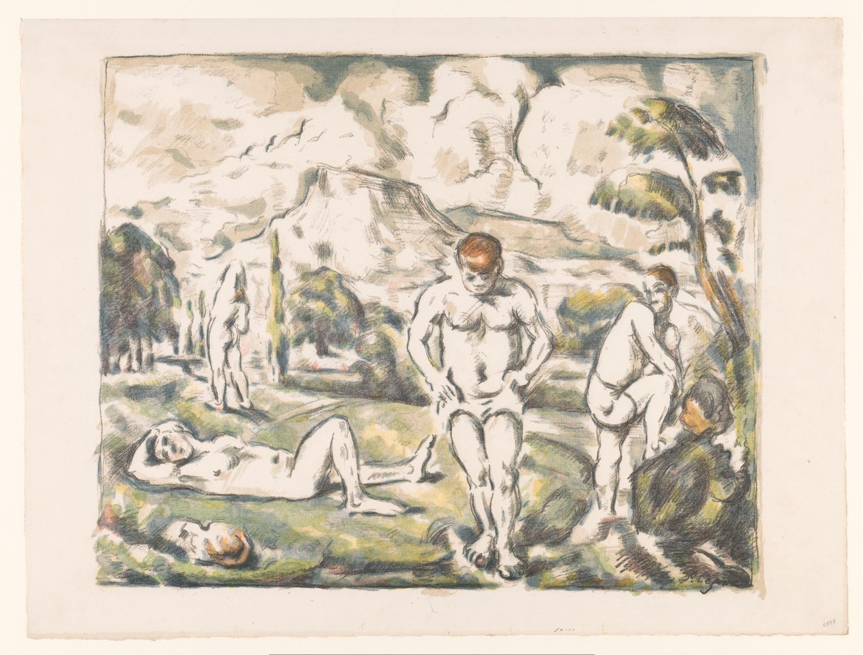 Uivia miehiä mäkisessä maisemassa Les Grands Baigneurs Baigneurs au repos tekijältä Paul Cézanne