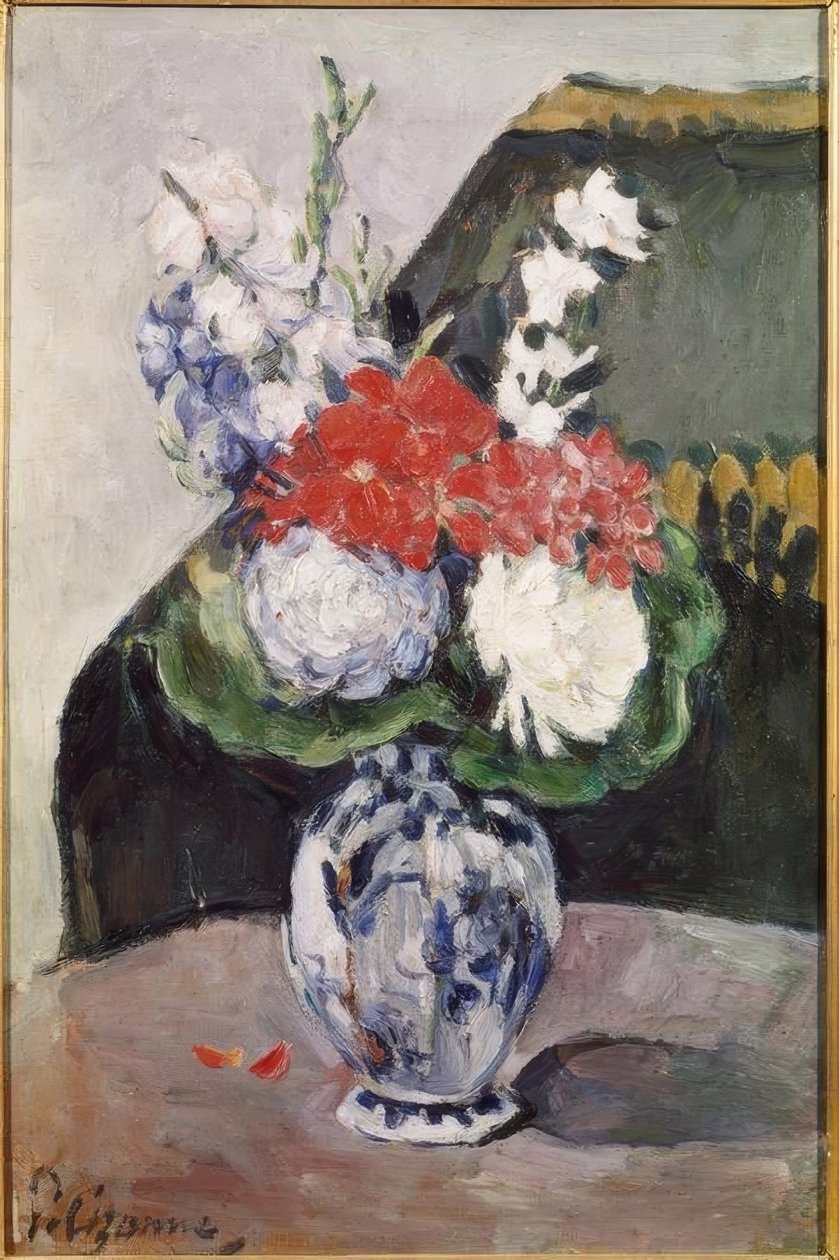 Kukkakimppu, jossa on pieni Delft tekijältä Paul Cézanne