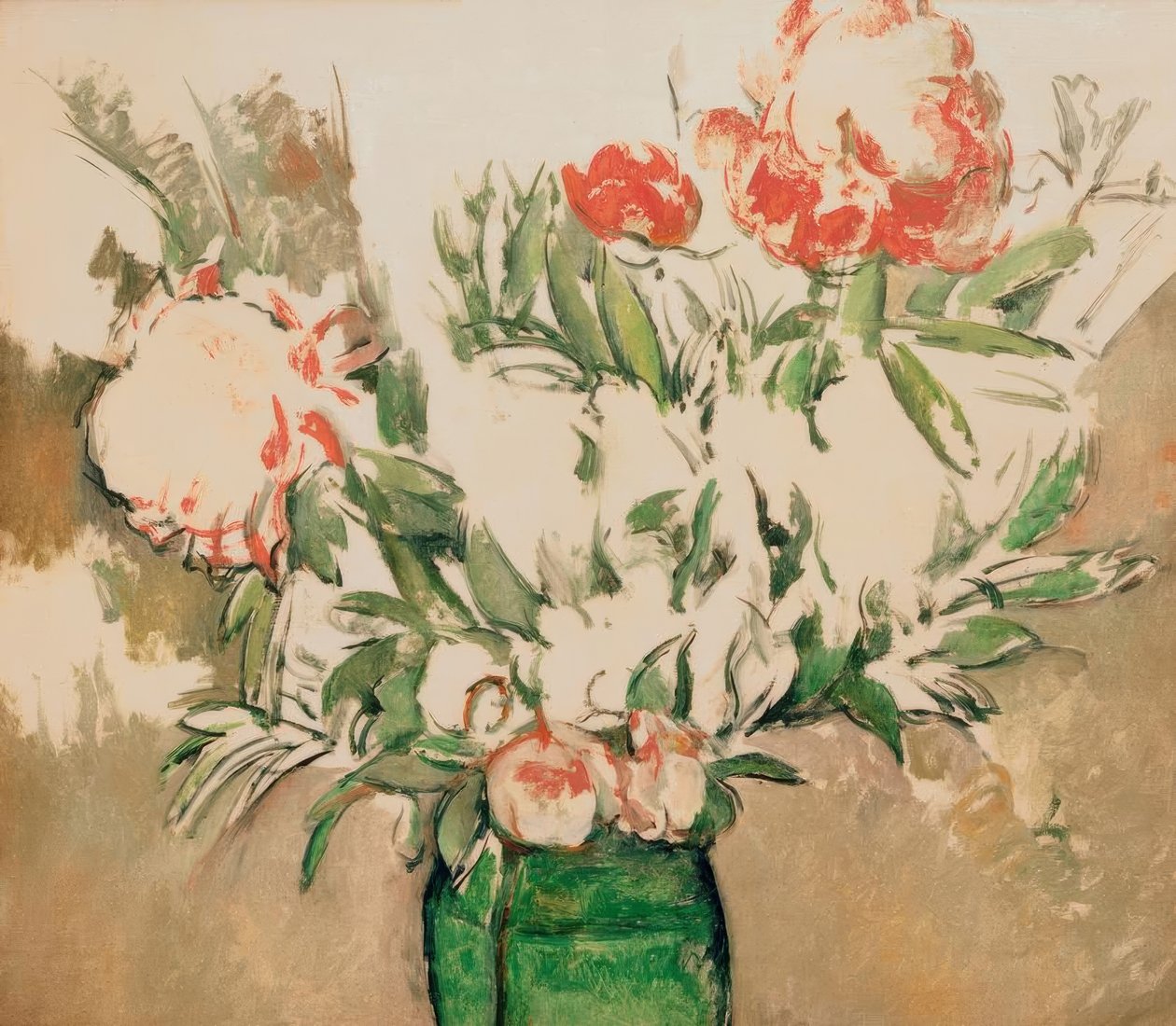 Kimppu pioneja vihreässä ruukussa tekijältä Paul Cézanne