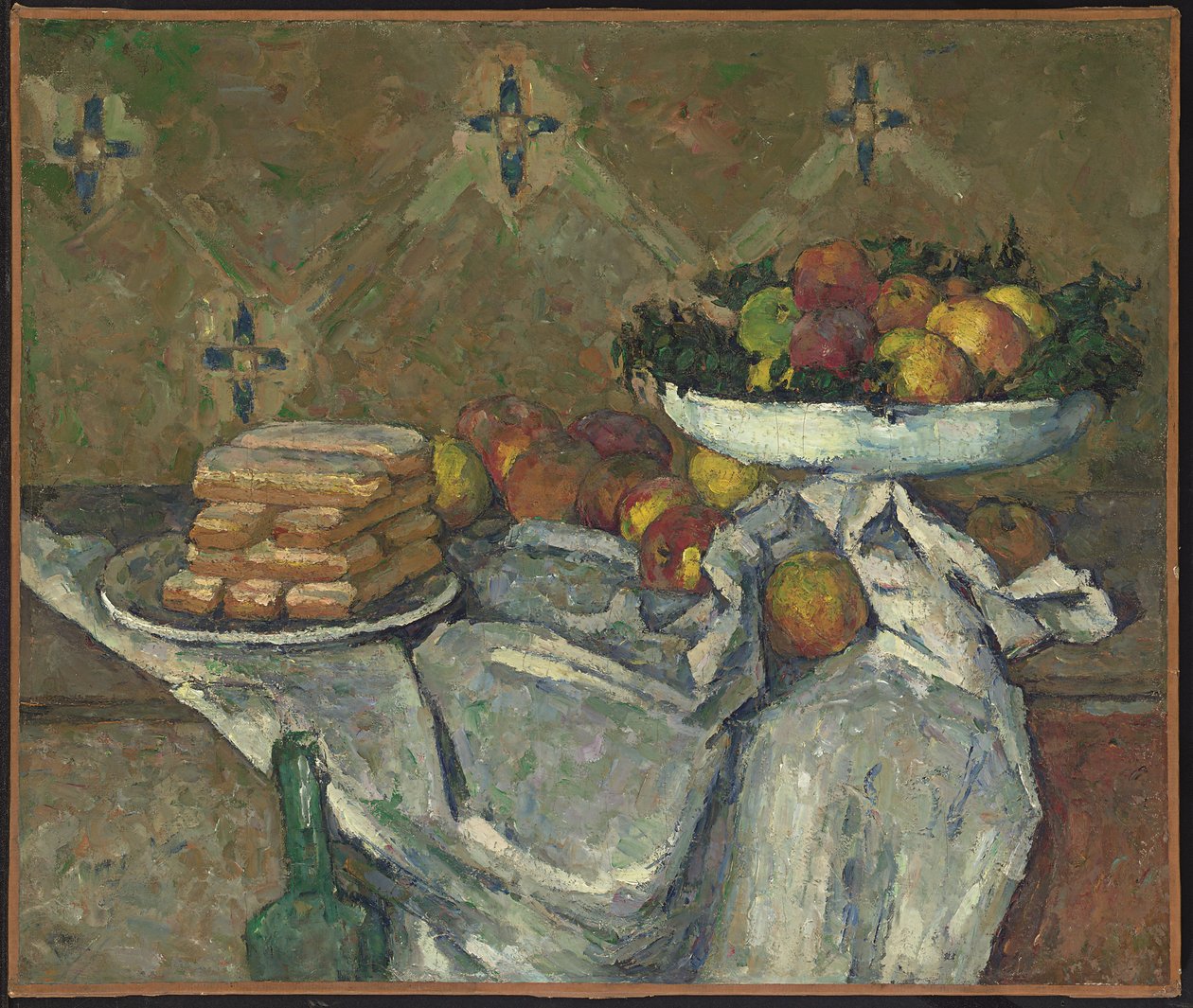 Hedelmäkulho ja keksilautanen, n. 1877 (öljy kankaalle) tekijältä Paul Cézanne